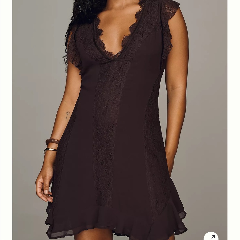 Lace Trim V-Neck brown “ganache” Mini Dress